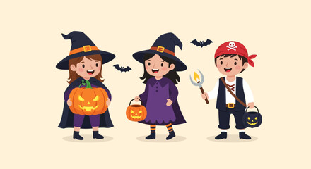 Happy Kids Trick-or-Treating in Halloween Costumes: Cute Cartoon Witches and Pirate with Pumpkins