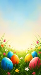 Easter monday eggs in grassy field with flowers springtime celebration