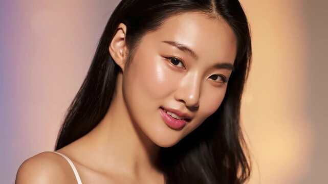 Model shows skincare tips and makeup routine in studio with soft lighting for glowing skin