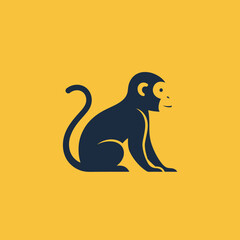Obraz premium Stylized Dark Blue Monkey Silhouette Sitting on Yellow Background, Minimalist Logo Design