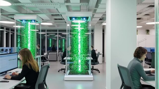 A modern office space with green plant columns and sleek workstations for a productive video work environment