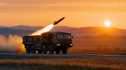 Fototapeta premium Detailed shot of ballistic missile silhouette against fiery sunset sky, transport vehicle beneath, open landscape fading into warm horizon