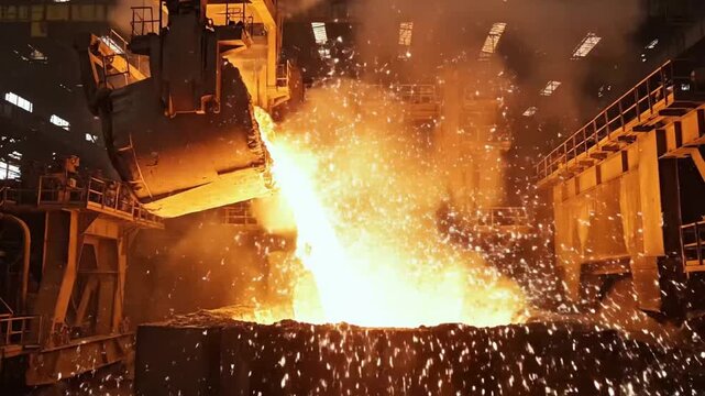 Metal is poured from a furnace at a steel mill in the late afternoon