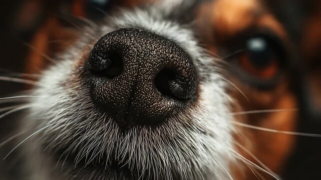 Close-up of a canine nose: This macro shot highlights the exquisite detail of a dog's nose, texture of the snout, whiskers, and surrounding fur, showcasing the beauty in the ordinary.