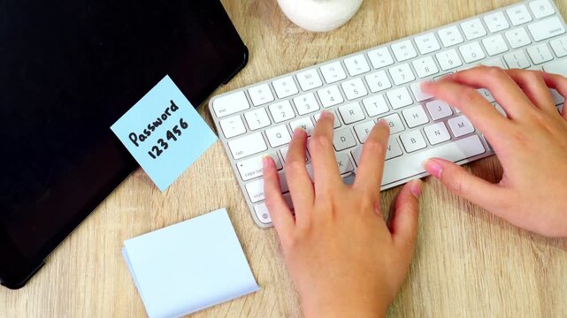 Overhead view of hands typing on white keyboard with blue sticky note showing simple password