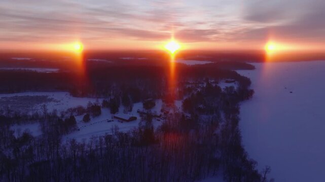 A cinematic 4K drone shot capturing a rare sundog phenomenon over a lakeside resort in Callaway, Minnesota. The drone slowly pulls back and tilts upward, revealing the bright sun halo in a clear sky a