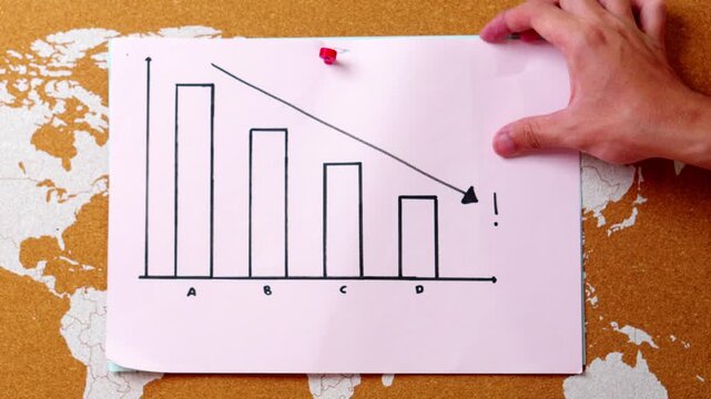 Hand turn from declining business chart to upward growth trend on corkboard with global map