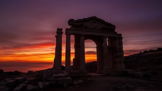 Ancient ruin silhouette framing a vibrant sunset with orange and purple hues