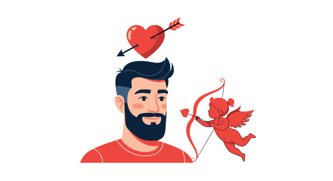 Little cupid with a bow and arrow shoots a love dart at a bearded man while a heart symbol appears above his head.