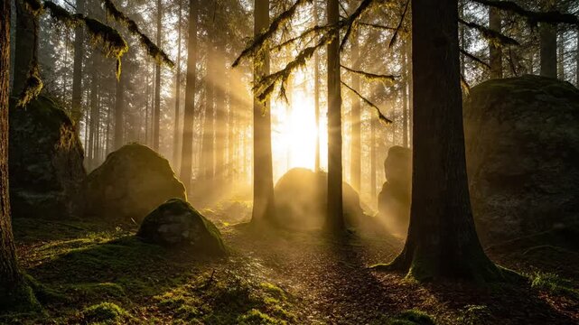 Atmospheric Woodland Scene Highlighting the mystical and moody ambiance of a forest with soft, gentle motion and diffused light.