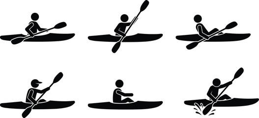 Kayaking icon set, paddler in canoe different poses water sport silhouette isolated on white background vector illustration