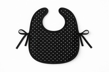 Black baby bib with white polka dots and black ribbon ties isolated on white