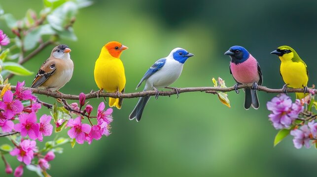 Autumn landscape background, A group of beautiful birds perched on the branch with flowers blooming in the spring.  