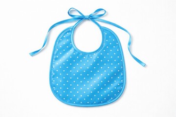 Cute baby bib with white polka dots and blue ribbon ties isolated on white
