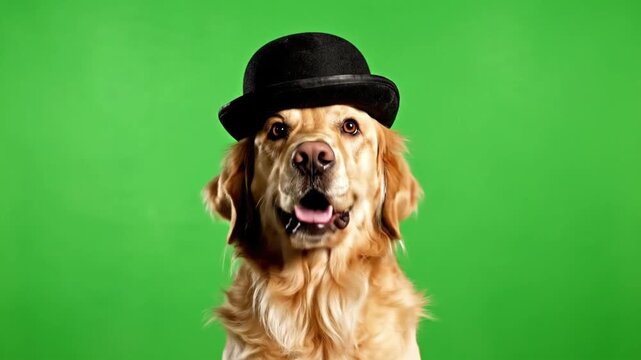 Dog wearing a black bowler hat in front of a green background at an indoor location during the daytime