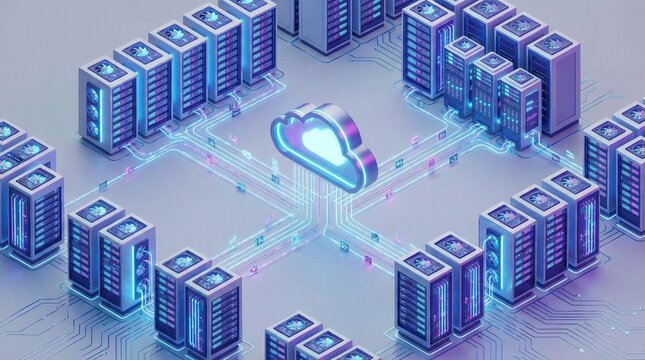 Futuristic data center featuring circularly arranged server racks around a glowing cloud computing hub, illustrating cloud infrastructure, data storage, and connected networks