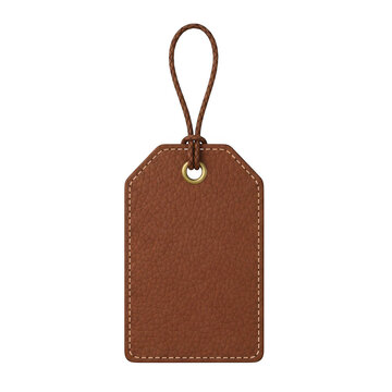 A brown leather tag with a string loop attached to the top. isolated on transparent background