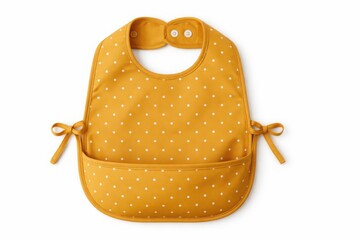 Orange polka dot baby bib with white spots and tie closure on white background