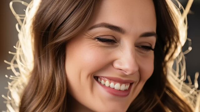 Smiling business woman with long brown hair looking confident and happy in a professional setting with natural light