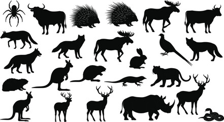 Large collection of black silhouette vector icons featuring various wild animals including deer kangaroo rhino moose and forest creatures for nature themed designs. © Mukta's World
