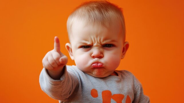 portrait of a little child, an angry baby, pointing index finger up, showing middle finger.