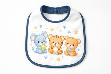 White baby bib with blue trim and cartoon animal characters on white background