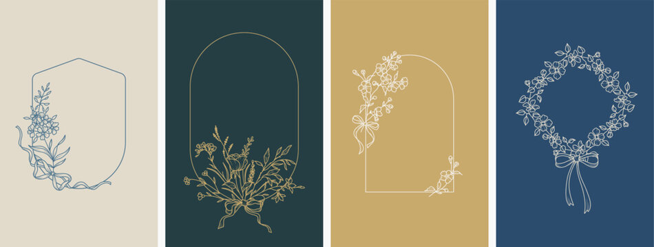 Elegant frames with hand drawn flowers,  leaves and bows, line style design template. Vector background for wedding invitation, greeting card, save the date, label, branding