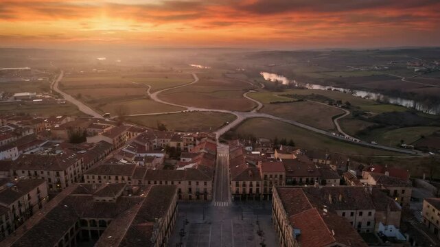 Aerial sunset view of Zamora, warm golden light over colonial rooftops and surrounding farmland, mexico video