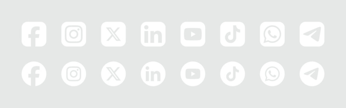 white social media icons set facebook instagram x linkedin youtube tiktok whatsapp telegram