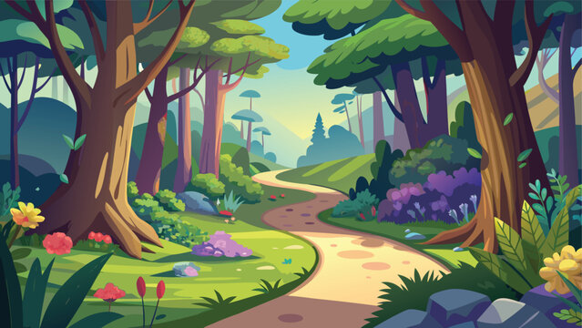 A winding dirt path leads through a vibrant colorful forest with lush vegetation and trees