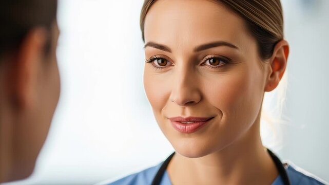 A smiling female nurse interacting with a patient in a bright medical setting