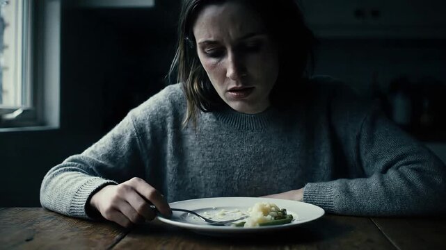 Depressed Young Woman Picking at Food, Loss of Appetite and Eating Disorder Concept