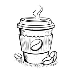 Sketch style coffee to go cup with roasted bean.