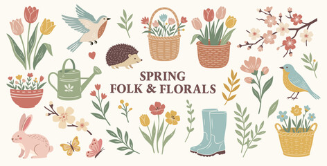 Spring garden floral elements illustrations. Vector set. Floral clipart collection in folk style. Cute Animals, Flowers and Gardening Elements. © Maxim Filitov
