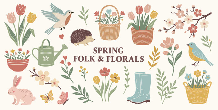 Spring garden floral elements illustrations. Vector set. Floral clipart collection in folk style. Cute Animals, Flowers and Gardening Elements.