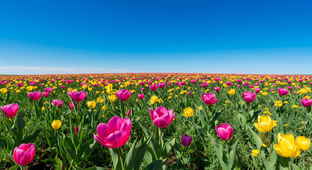 Fototapeta premium Colorful tulip field with pink and yellow flowers under blue sky 