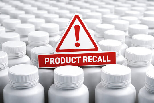 product recall warning sign prominently displayed among numerous plain white medical bottles symbolizing drug safety issues consumer protection and potential health risks