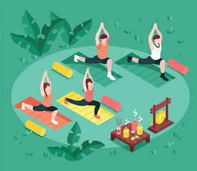 Fototapeta premium Isometric yoga group composition with mats and meditation accessories