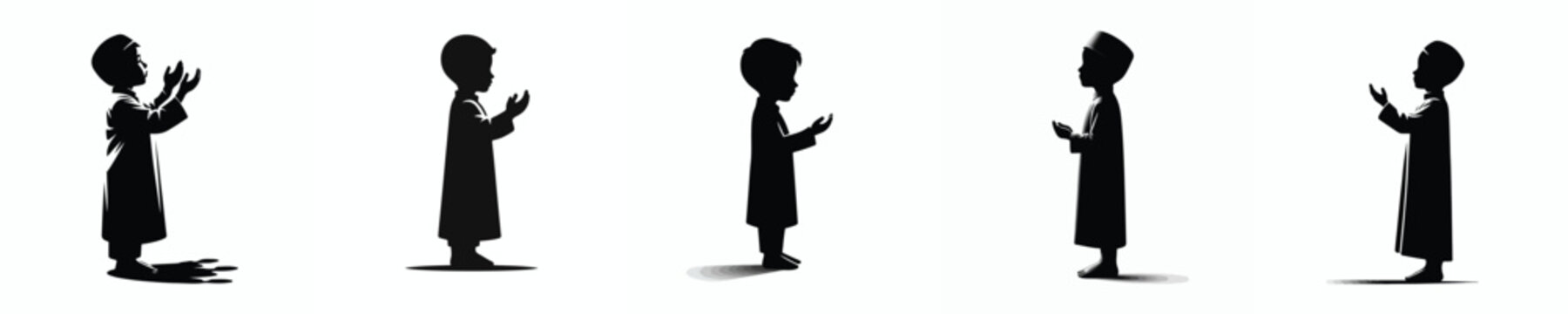 vector silhouette of a Muslim little boy standing praying fornt view side view