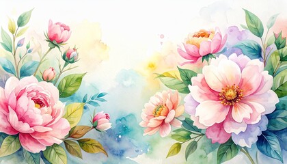 Watercolor floral painting of pink peonies and green leaves, artistic botanical illustration.