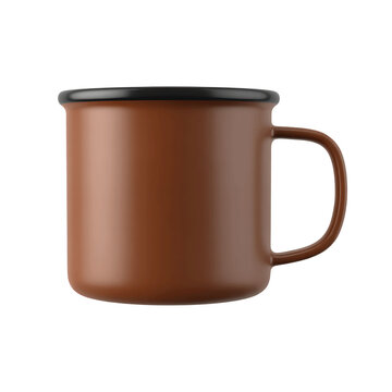 A classic brown enamel camping mug with a black rim, isolated on a white background.
