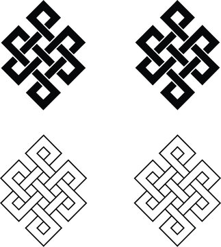 Set of four eternal knot symbols in solid and outline styles isolated on white background for buddhist spiritual and cultural.