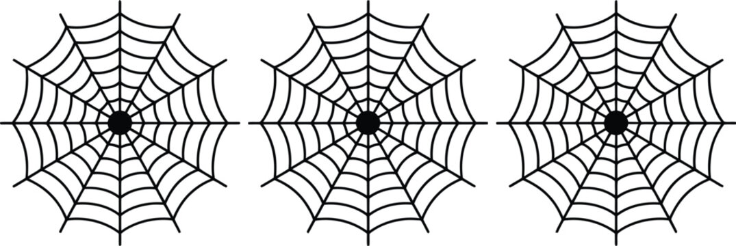 Set of three black spider web icons isolated on white background for halloween decoration spooky atmosphere and nature themed design.