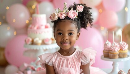 Fototapeta premium Adorable little girl celebrating her birthday with pink balloons and cupcakes.