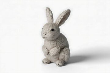 Obraz premium Fluffy white knitted bunny rabbit with long ears, sitting on a white background with a soft shadow