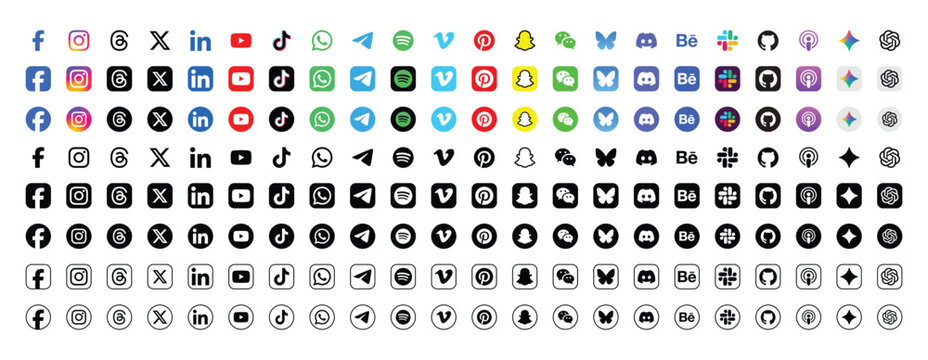 social media app icons mega set facebook instagram x linkedin youtube tiktok whatsapp telegram spotify