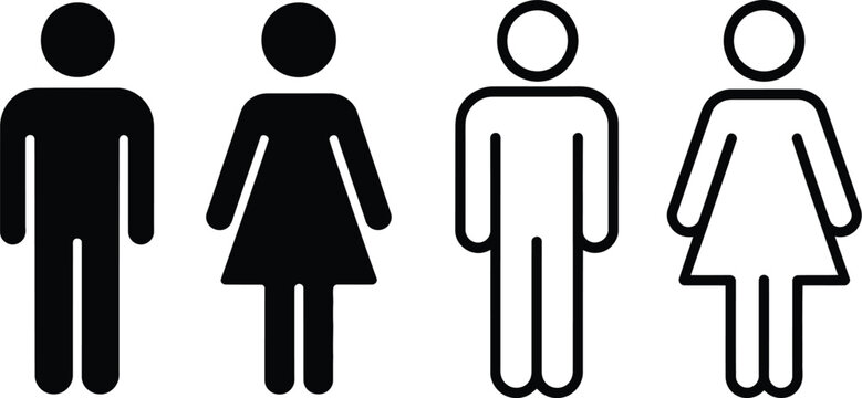 Set of male and female gender icons in solid and outline styles isolated on white background for restroom signage design.