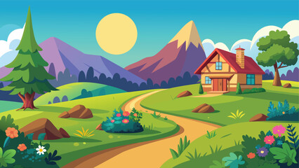 Obraz premium A vibrant cartoon illustration depicts a cozy house nestled within a picturesque landscape of rolling hills