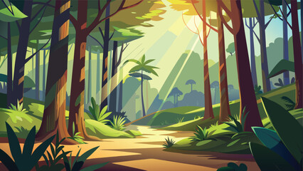 A vibrant illustration depicts a sun drenched forest path winding through lush green vegetation high quality © CreativeKamrul
