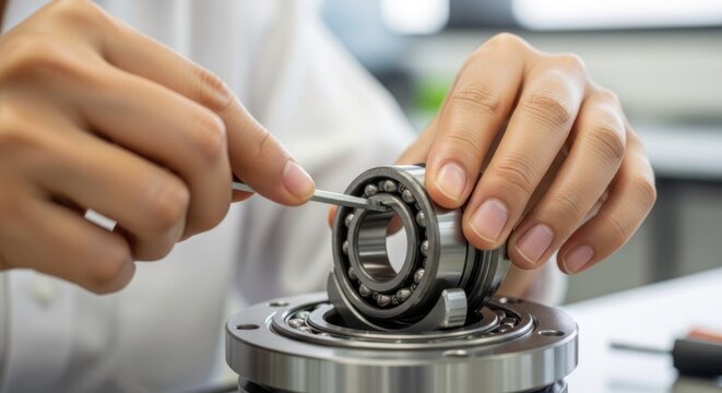 A technician carefully examines a ball bearing within a housing. The technician, wearing a white lab coat, uses a small tool to manipulate the bearing.